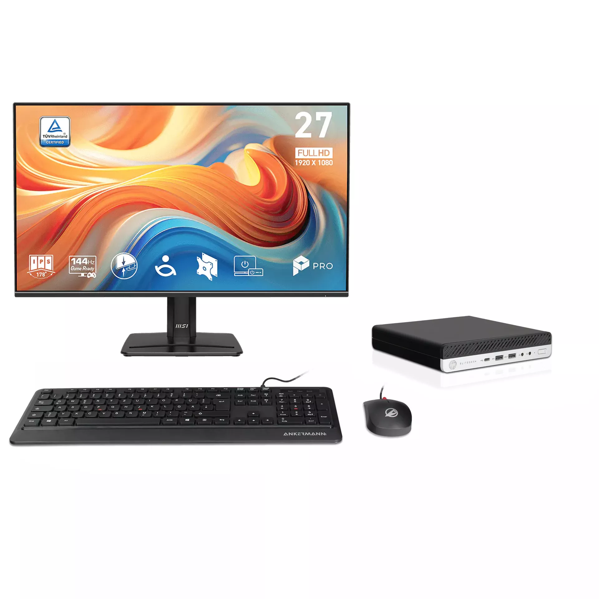 HP EliteDesk 800 G4 Mini PC Bundle | 16GB RAM | 500GB NVMe SSD | Windows 11 | Intel Core i5-8500T | MSI PRO MP 27" E14A Full-HD Monitor | Maus & Tastatur | MS Office 2024