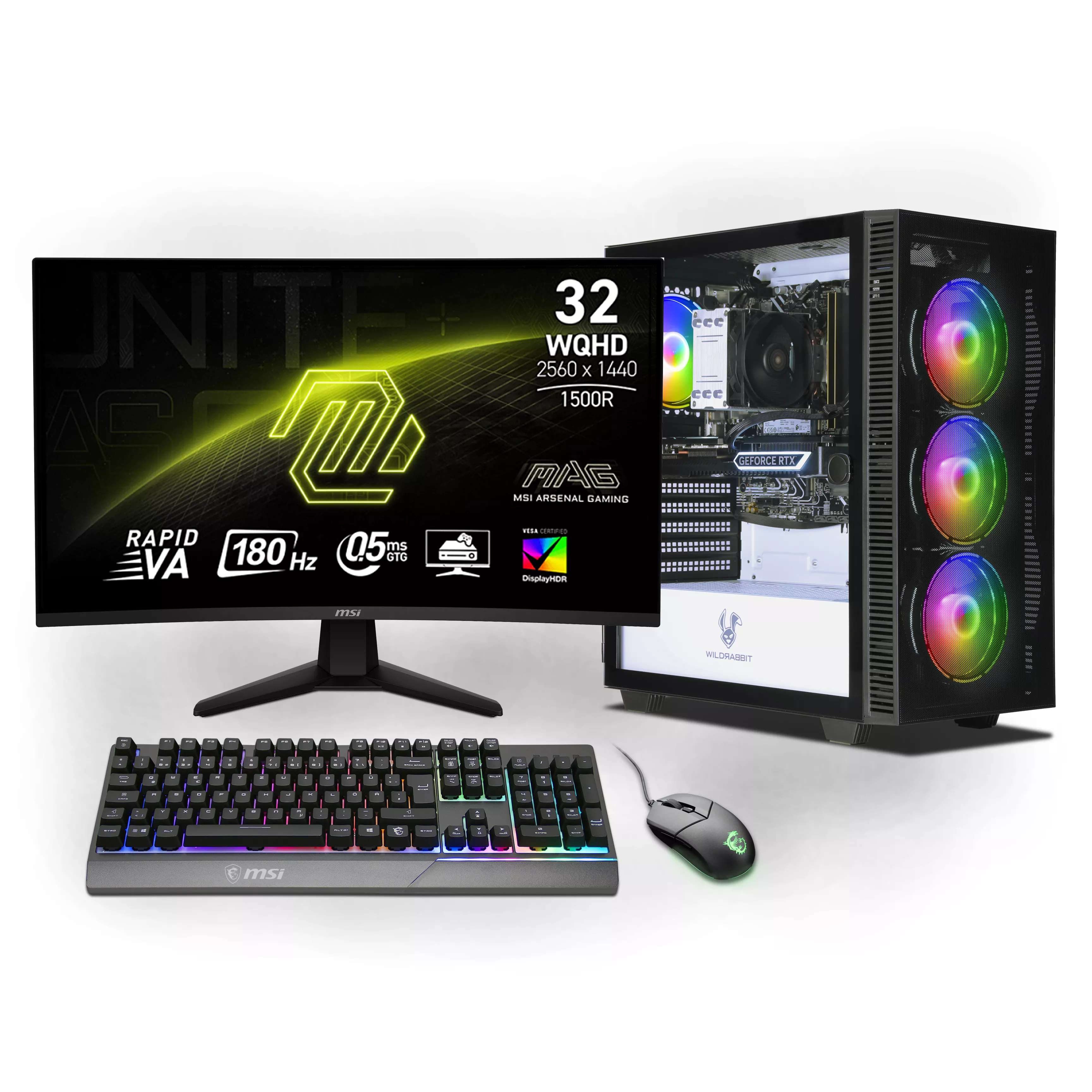 Aero Gaming Bundle | Intel Core i7-13700F | Nvidia GeForce RTX 5070 12GB | 32GB DDR5 RAM | 1TB NVMe SSD | Windows 11 | WLAN & Bluetooth | MSI MAG 32" Curved WQHD Gaming Monitor | MSI RGB Deutsche Tastatur | MSI GM11 Mouse | Libre Office