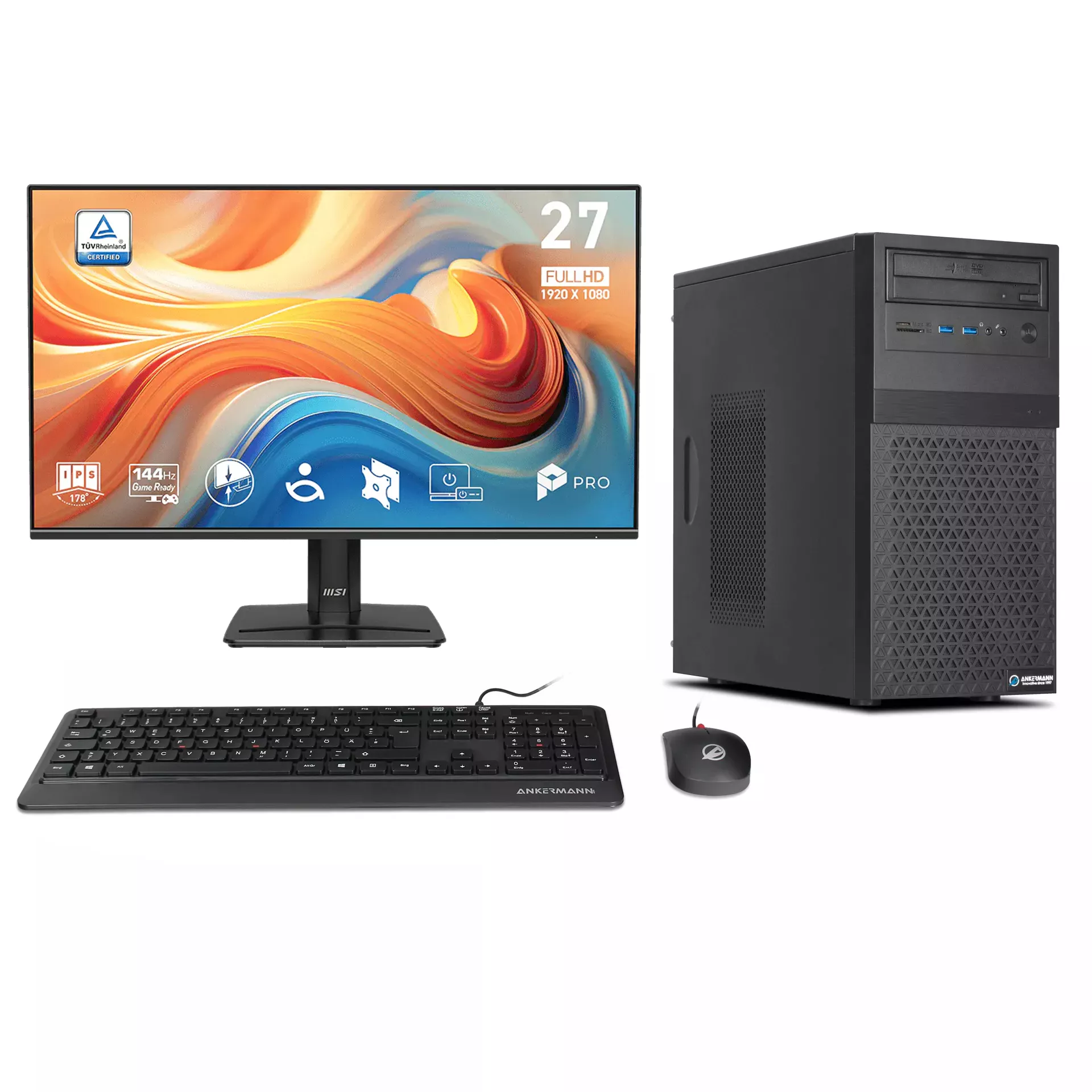 Office komplett PC Büro | Intel Core i5-10500 | 16GB RAM | 480GB NVMe SSD | Windows 11 | WLAN | MSI PRO MP 27" E14A Full-HD Monitor | Maus & Tastatur | MS Office 2024