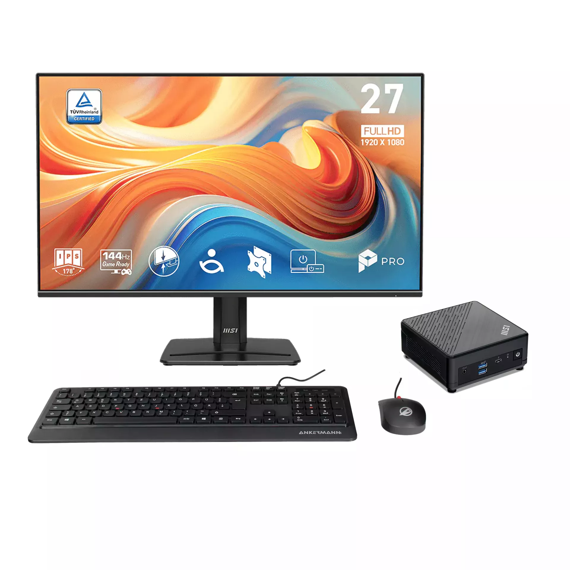 Office Cubi V3 Bundle | 16GB RAM | 1TB NVMe SSD | Windows 11 | Intel Core i7-1255U | WLAN & Bluetooth | MSI PRO MP 27" E14A Full-HD Monitor | Maus & Tastatur | MS Office 2024