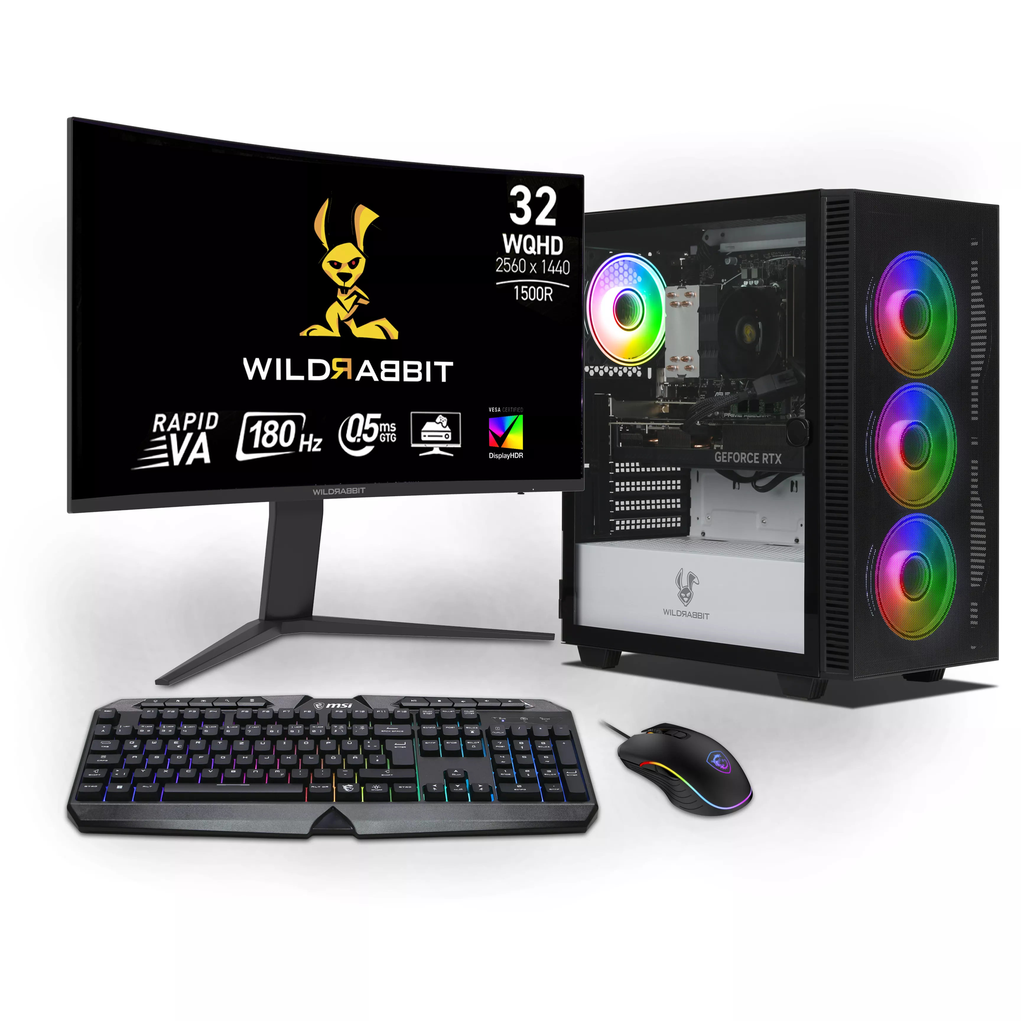 Ryzen Gaming Bundle | AMD Ryzen 7 8700F | Nvidia GeForce RTX 5070 12GB | 32GB DDR5 RAM | 1TB NVMe SSD | Windows 11 | WLAN | Wildrabbit GMX 32" WQHD LCD Gaming Monitor | MSI RGB Deutsche Tastatur | MSI Forge Maus | Libre Office