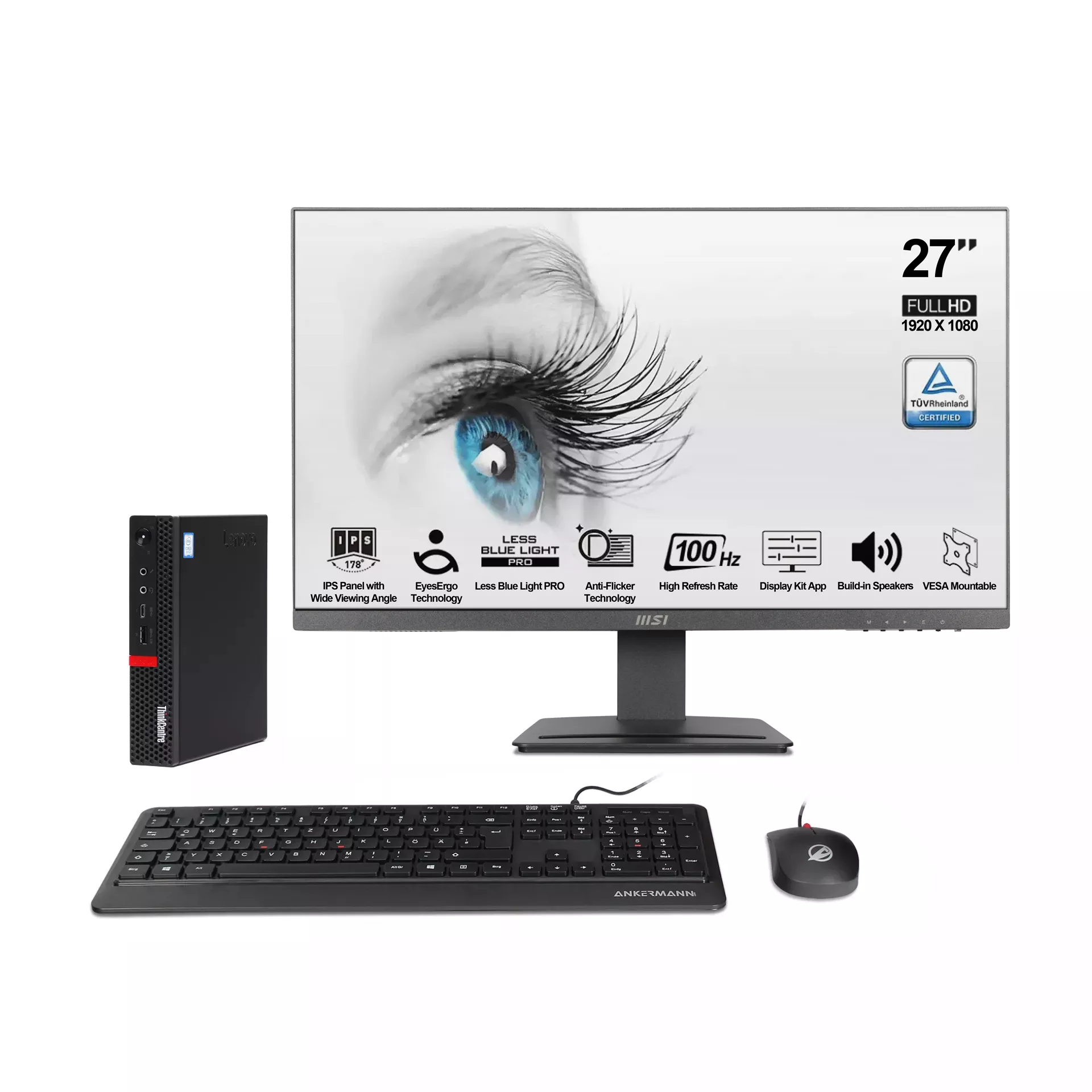 ThinkCentre M720q i5 Mini PC Komplett Set | 16GB RAM | 1TB NVMe SSD | Windows 11 | Intel Core i5-8400T | 27" Monitor | Maus & Tastatur | MS Office 2024