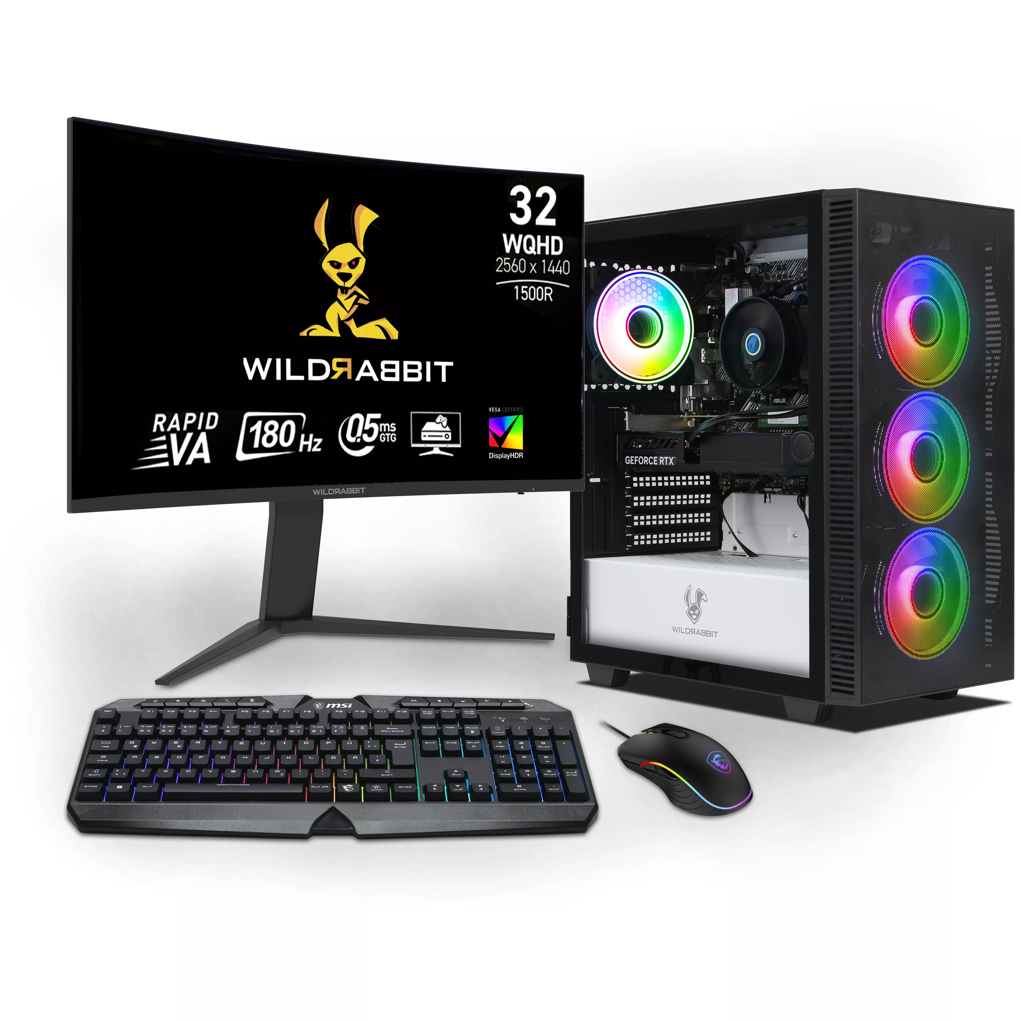 Starter Gaming Bundle | AMD Ryzen 7 5700X | Nvidia GeForce RTX 5060 8GB | 16GB RAM | 1TB NVMe SSD | Windows 11 | WLAN | Wildrabbit GMX 32" WQHD LCD Gaming Monitor | MSI RGB Deutsche Tastatur | MSI Forge Maus | Libre Office